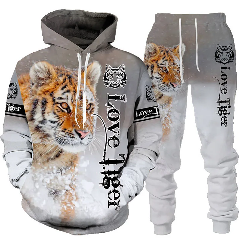 men  3d  snow tiger print fleeced hoodies  and pants 2 piece set  3D  animal printing pullover baseball shirt and trousers