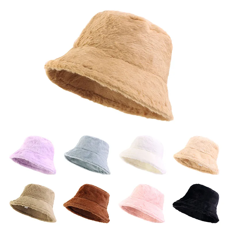 winter warm thick women solid color custom logo fishing cap plush fuzzy furry fluffy Faux Fur Bucket Hat