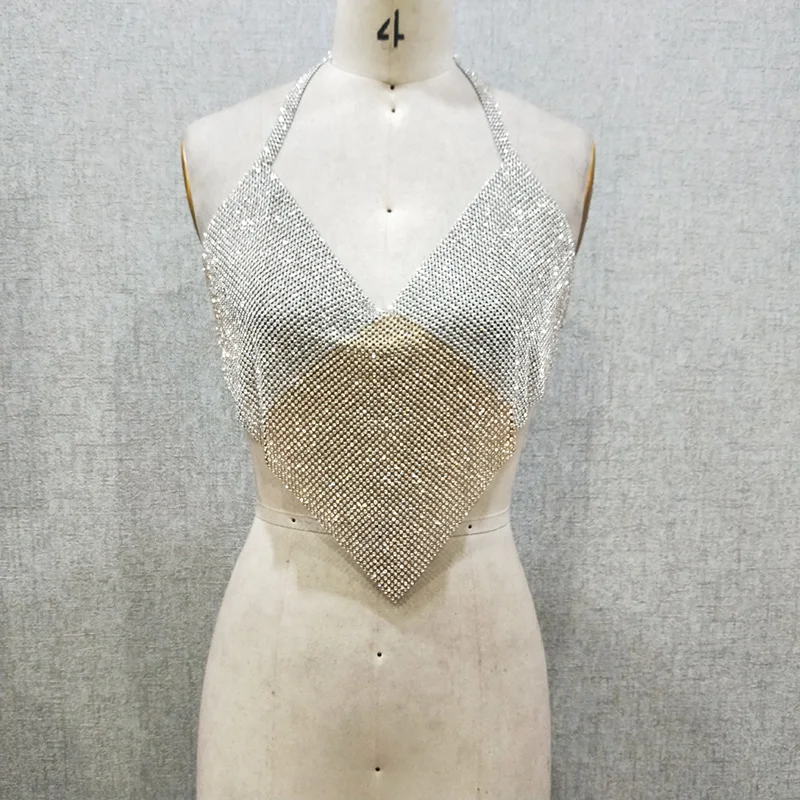 2024 Fashion Backless Triangle Gold Silver Splicing Pattern  Aluminum Rhinestone Mesh Crystal Crop Top