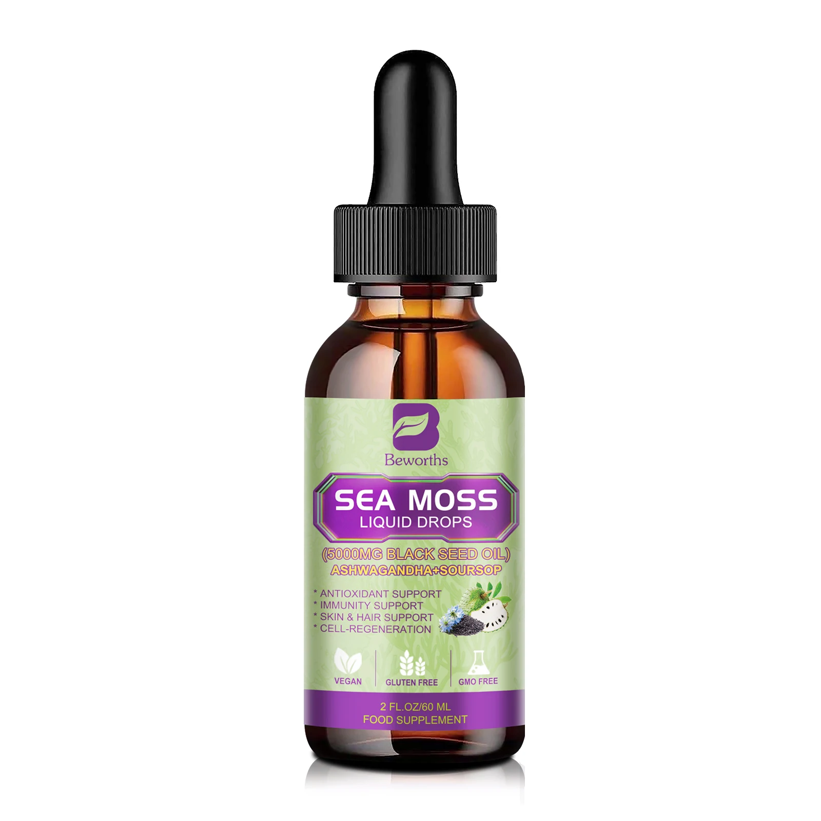 Beworths Organic Sea Moss Liquid Drops Irish Sea Moss Black Seed Oil with Burdock Root Supplement