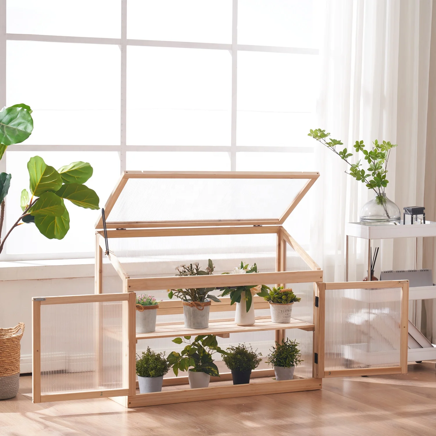 Custom Color Adjustable Shelves Easily Assembled Garden Wood Cold Frame Waterproof Wooden Mini Greenhouse