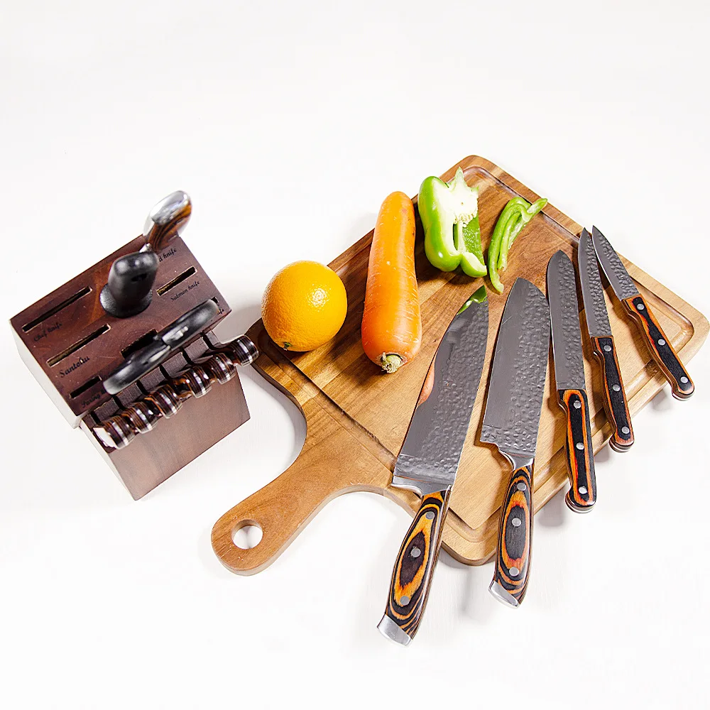 CATHYLIN 15 Pcs Professional Chef Tool Set Metal Stainless Steel Kitchen Knife Set with Wood Handle Block Color Box for Kitchen