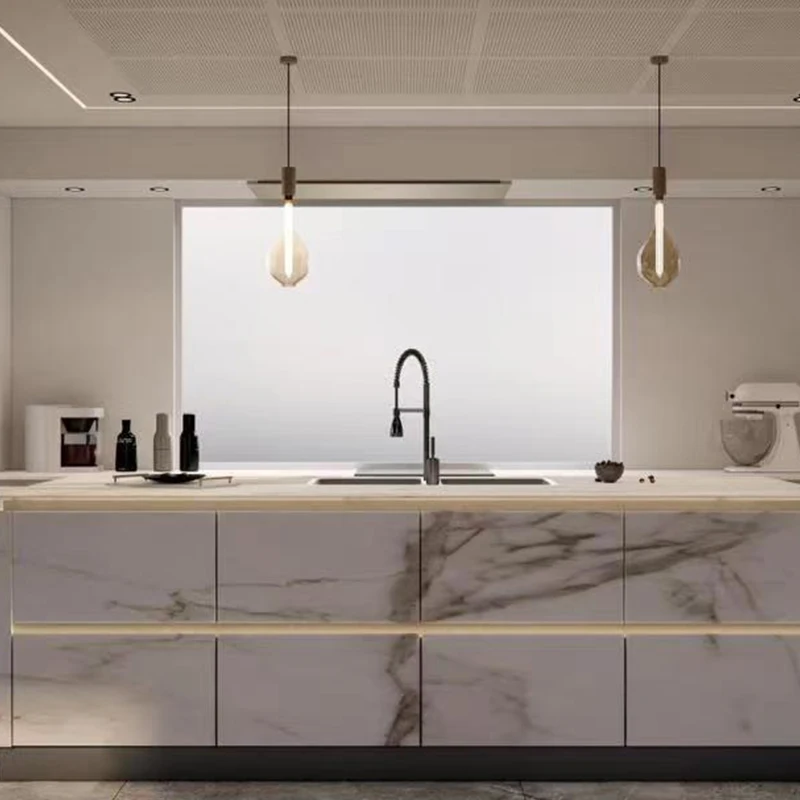 BKX Modern smart simple kitchen cabinet with white color Porcelain slab counter top  LED Light