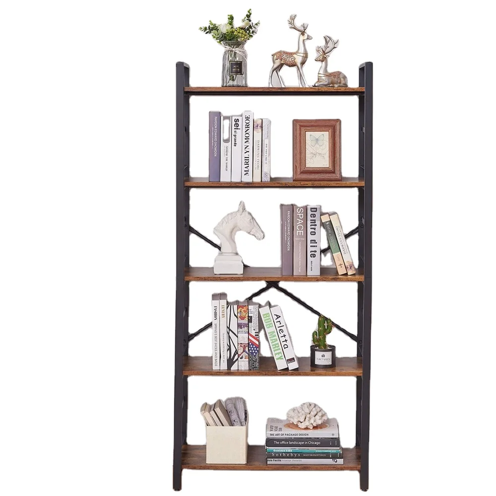 Perfect Industrial Bookshelf 5-Tier Vintage Bookcase and Bookshelves Rustic Wood and Metal Shelving Unit Display Rack Factory