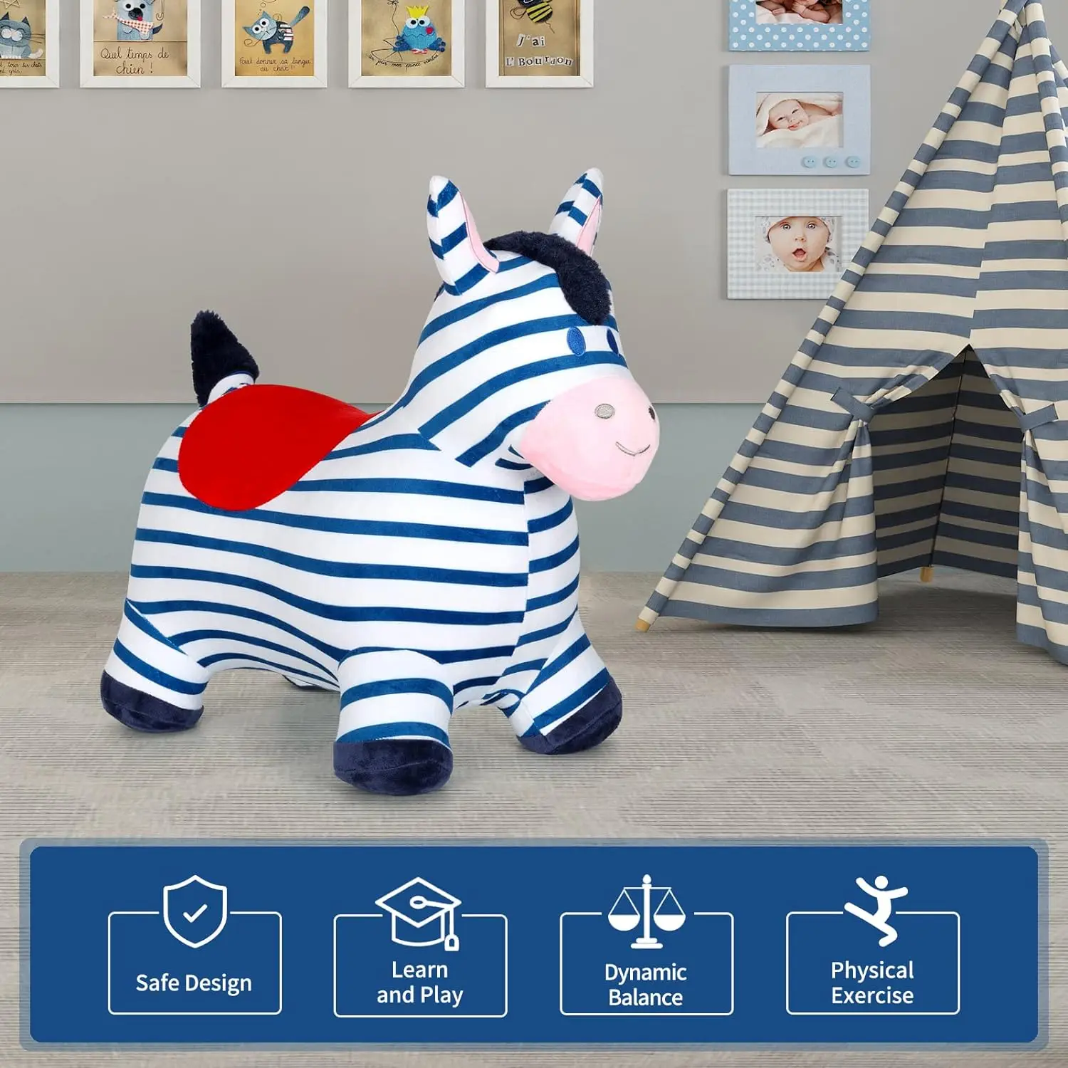 Bouncy Horse Blue Plush Zebra for Toddlers - Inflatable Bouncing Horse Hopper Toy, Ride on Bounce Animal