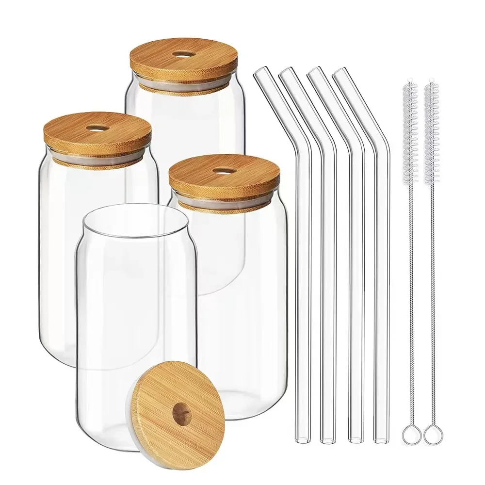 High borosilicate glass transparent cup with  bamboo wood lid and glass straw for drink kitchen food  tea coffee wine