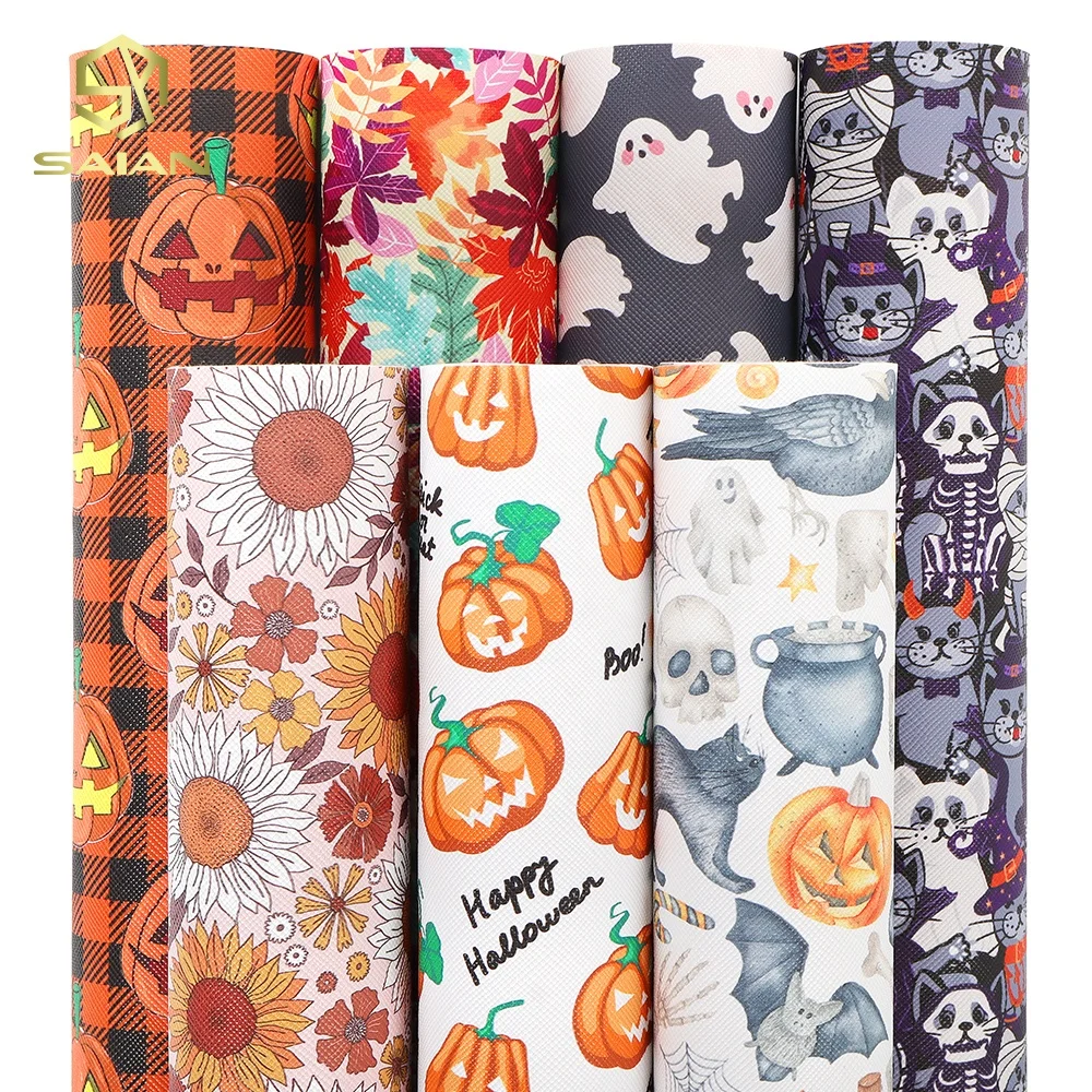 Custom Digital Printing Vinyl Halloween Blood Skeleton Print Characters Printed On Faux Leather Vinyl For DIY Craft Handbag Bows