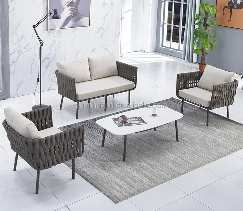 Leisure style all hand-made outdoor rope sofa set patio use aluminium frame webbing furniture
