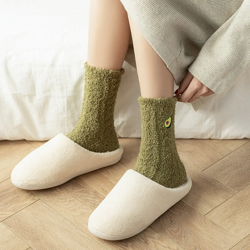 Low MOQ Embroidery Logo Fruit Design Knitted Coral Fleece Home Socks Winter Soft Thick Sleep Bed Socks For Women