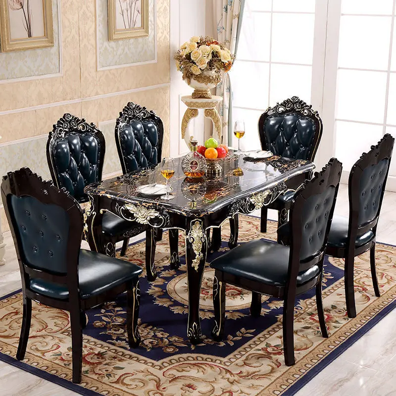 Popular Luxury Furniture Marble Top Rectangle Table Set Group Solid Wood Dining Table Set