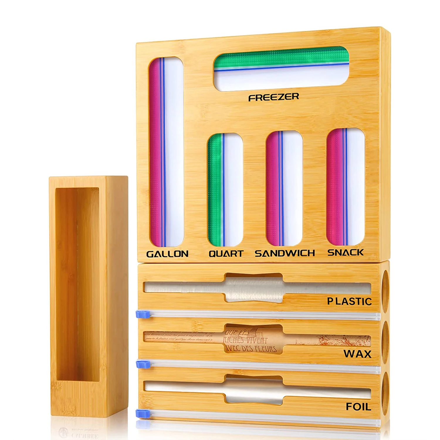 9 in 1 Bamboo Ziplock Bag Storage Organizer Foil and Plastic Wrap Organizer Dispenser With Cutter