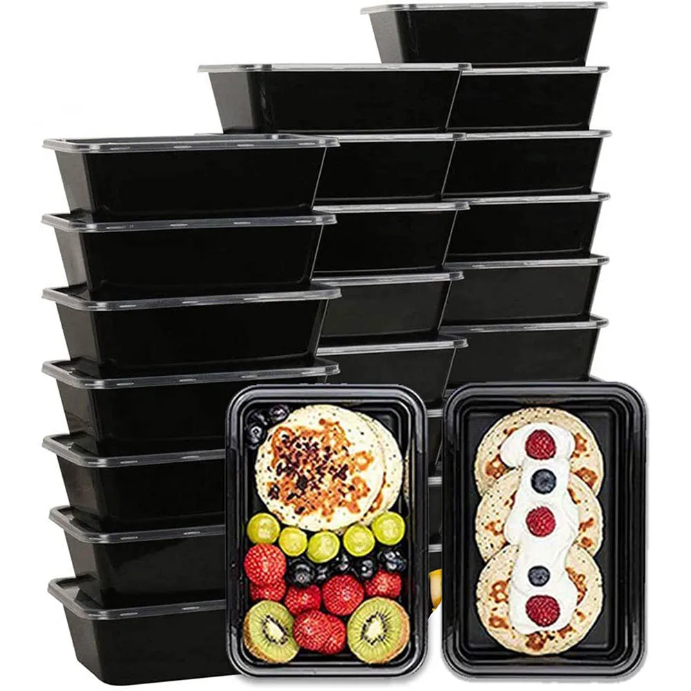 25Pcs Disposable Lunch Box 750ml Black Plastic Lunch Box Refrigerator Microwave Tableware Food Storage Container Lunch Box