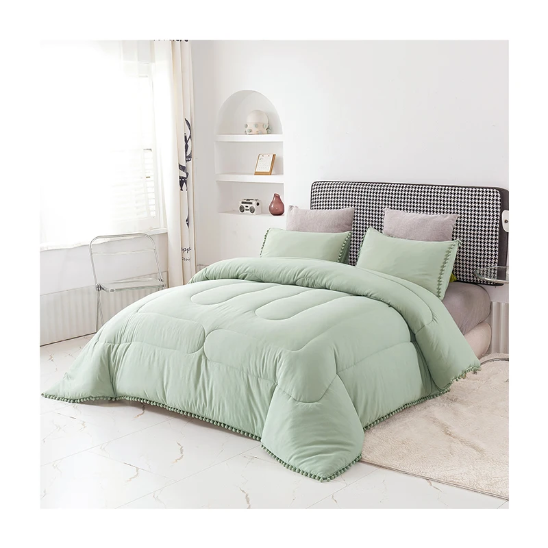 All Seasons Comfortable and Soft Quilt with 2 Pillowcases High-Quality Microfiber with Pompom Fringe 3pcs Customized Comforter