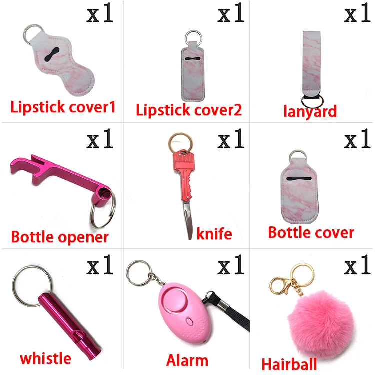 wholesale 9pcs/set self defense keychain self defense keychain set survival women  items inkfe alarm self defense for women