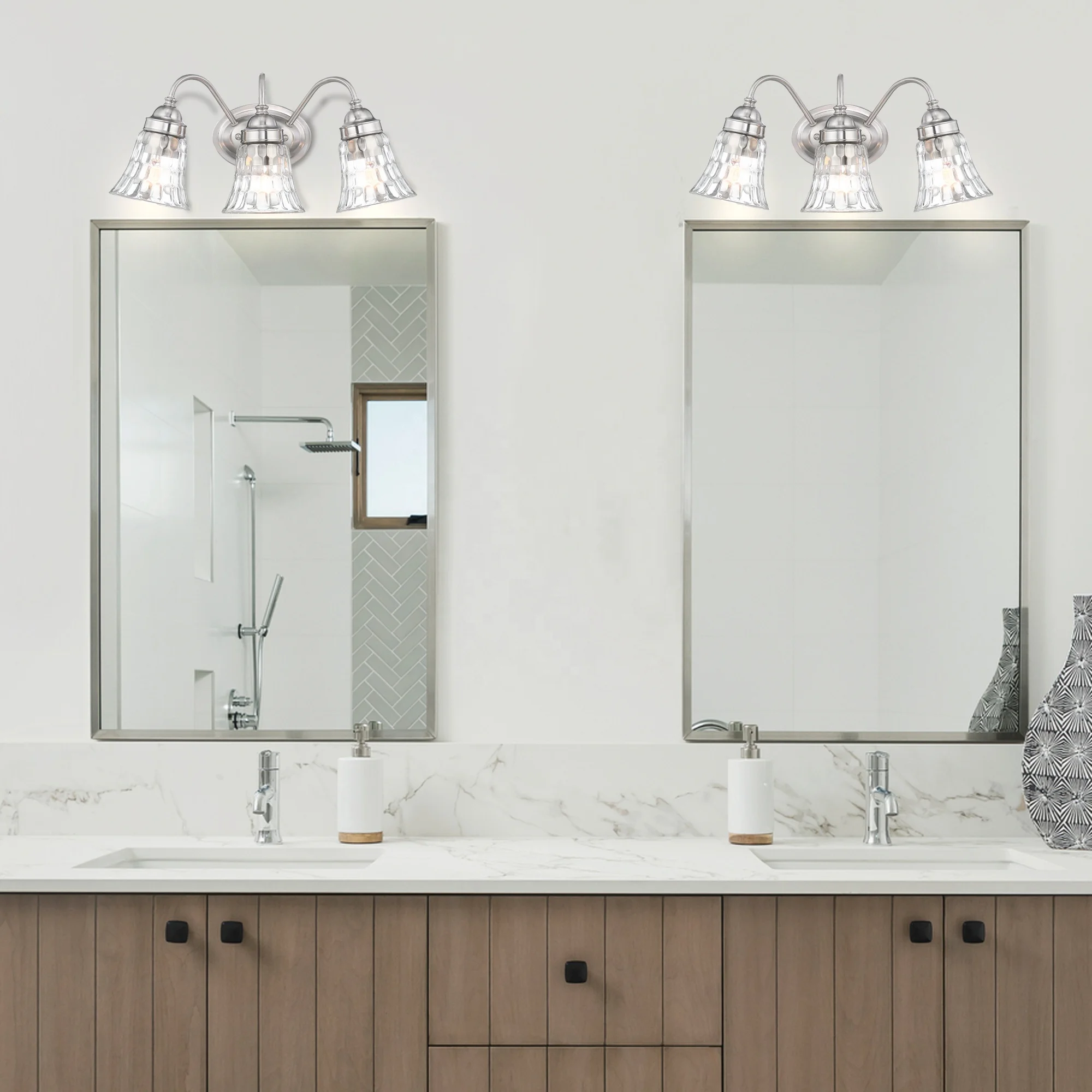 3-Light Bathroom Vanity Light Fixture Brushed Nickel Industrial with Hammered Glass Shade over mirror dressing Table