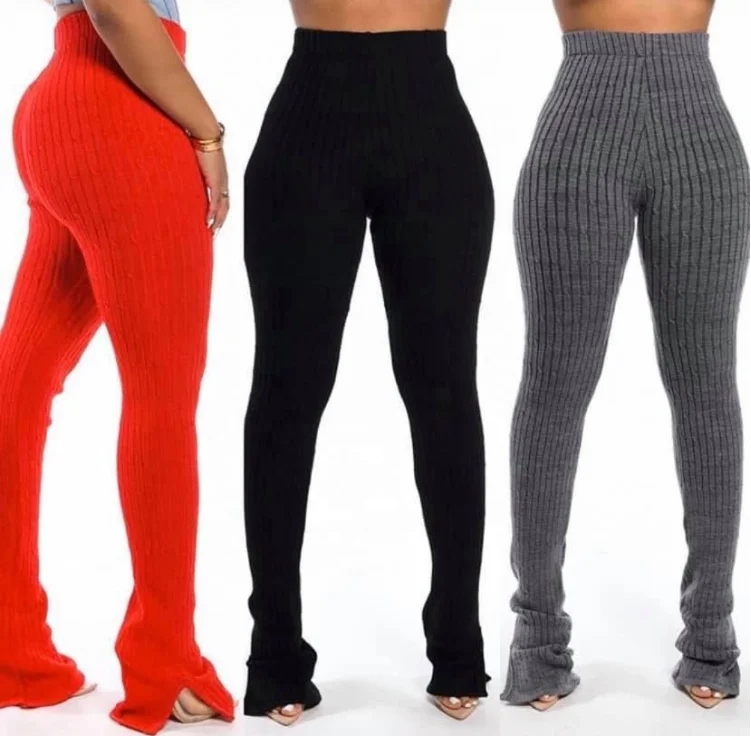 Hot Sale High Waist Plus Size Solid Color Pants Trousers Ribbed Stacked Pants Women
