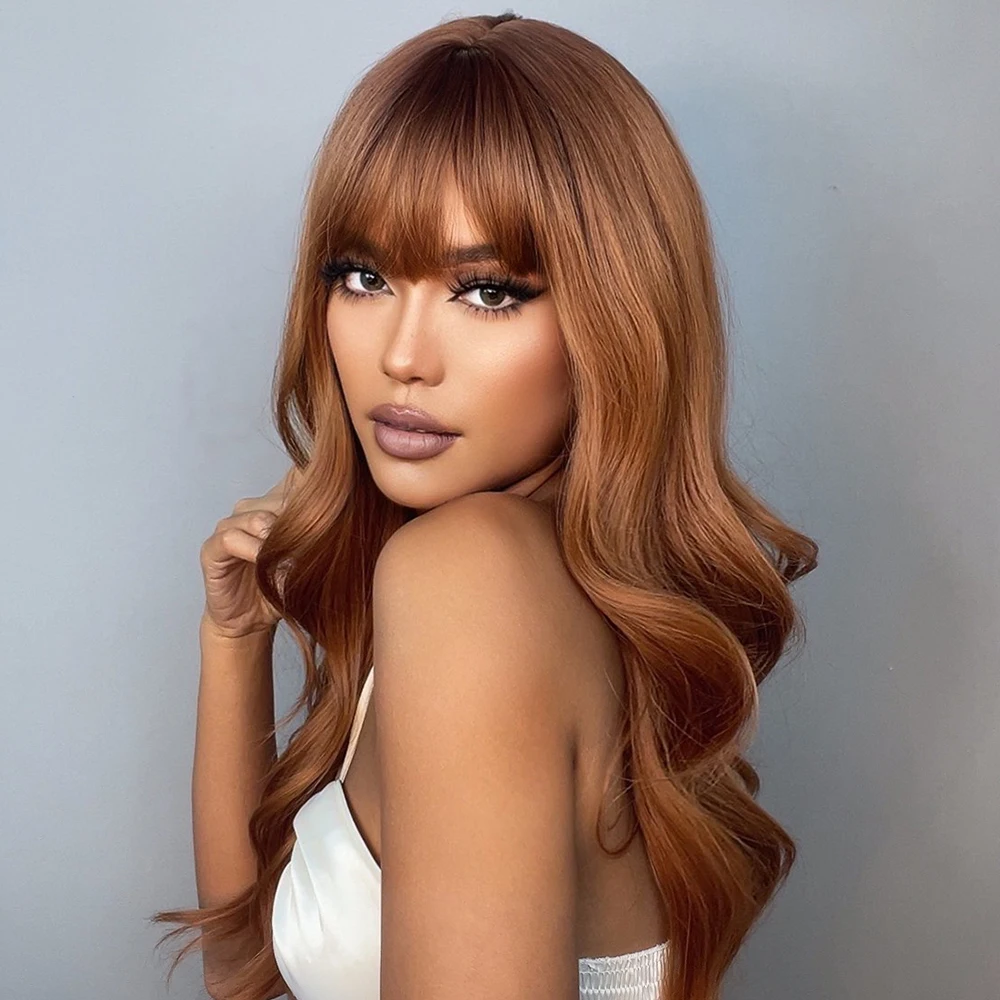 Wholesale Cheap High Quality Brown Color Wigs Heat Resistant Natural Wave Synthetic Hair With Bangs