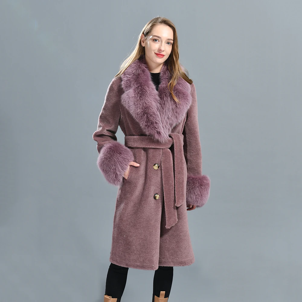 Women Winter Thick Warm Long Khaki Lamb Fur Skin Double Face Leather Coat Customize Long Shearling Coat Women