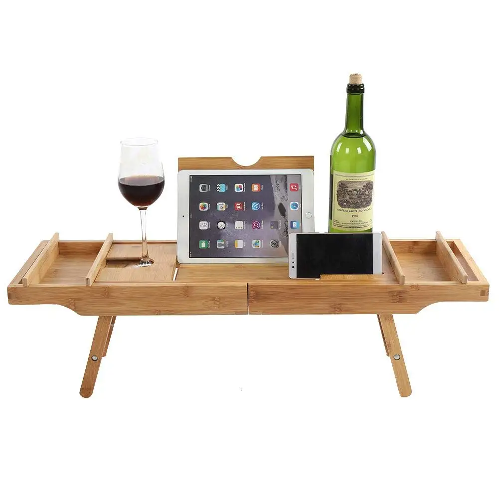 Natural Bamboo Wood Bath Tub Bathtub Caddy Tray With Extendable Arms And Adjustable Legs