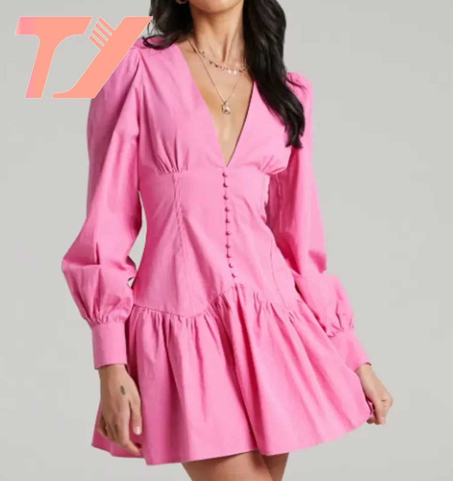 TUOYI Hot selling plain pattern deep v- neck long sleeve autumn shoulder pad dress sweet girls smock coat dresses