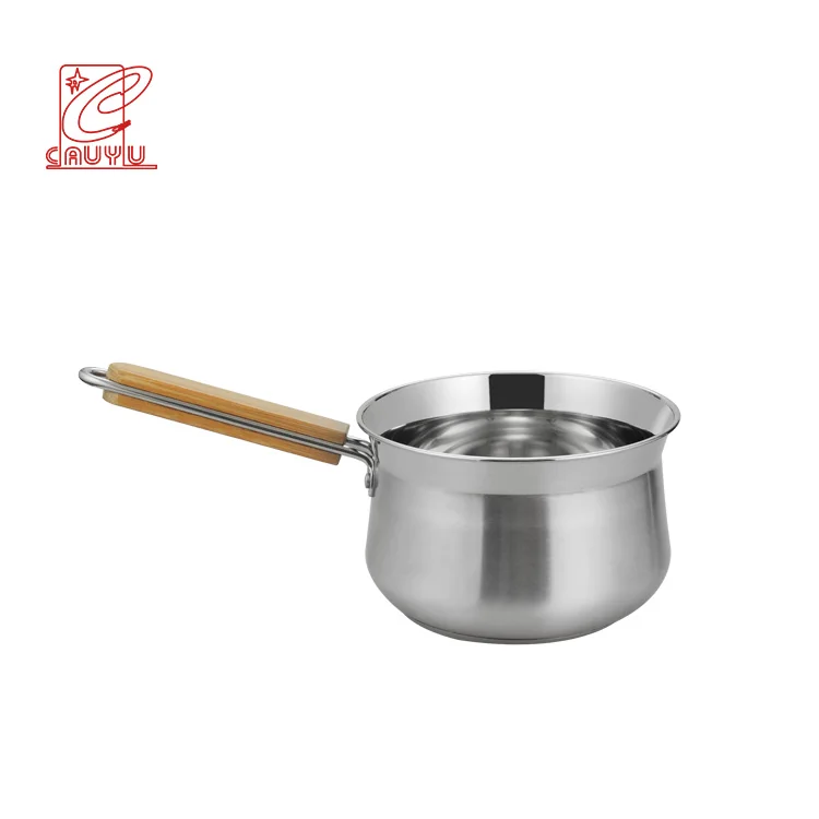 201 stainless steel milk pot 16cm wooden handle customized logo restaurant cooking pot for kitchen