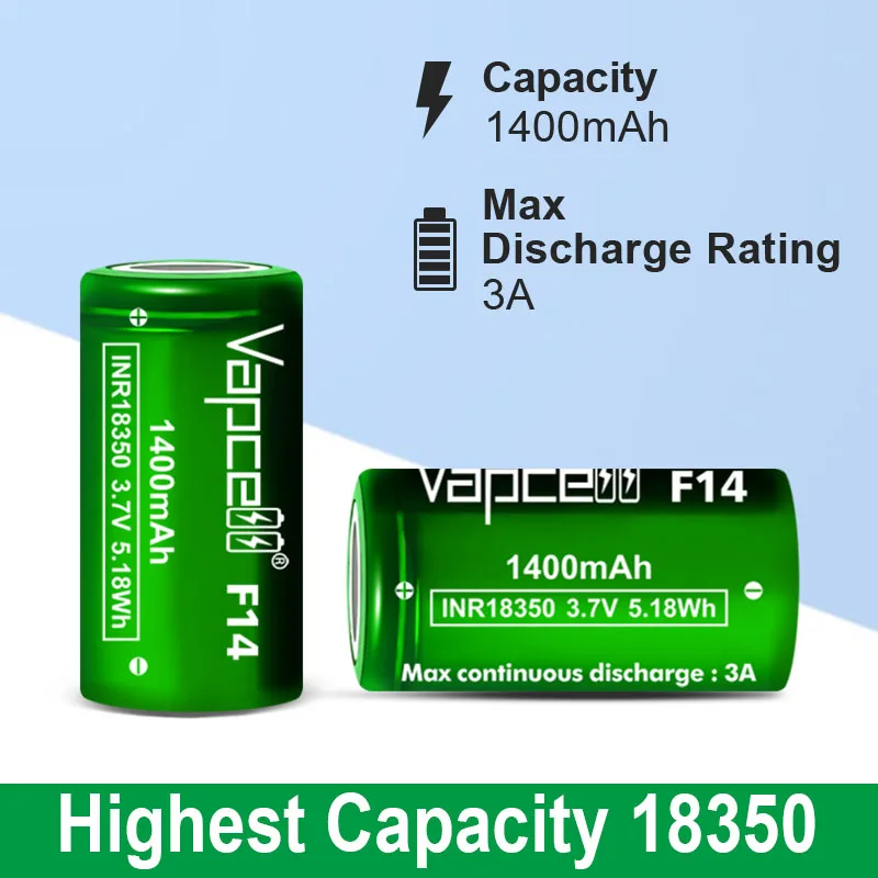 Wholesale Factory Price Cylindrical Li-ion Battery 3.7v 900mah 18350 Lithium Ion Battery Vapcell 18350 F14 1400mah 3A