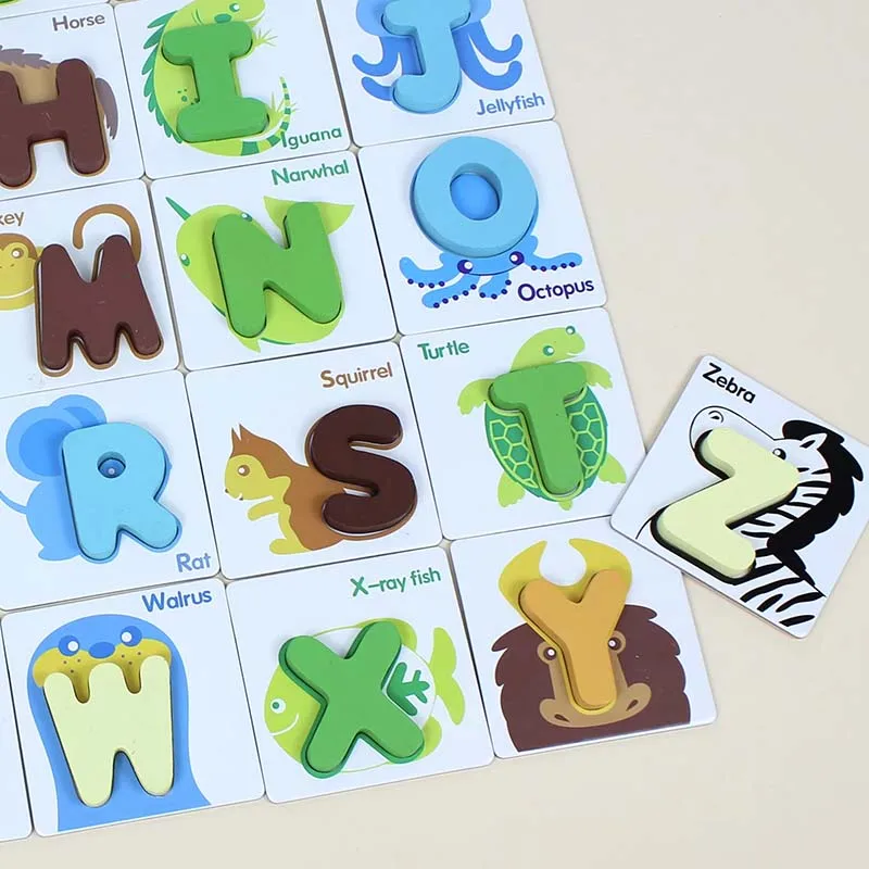 KIU Baby Abc Letter Educational Toys Animal Alphabet Matching Cards Educational Toys Wooden Letter Blocks Puzzle Game