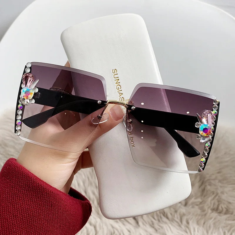 Ready To Ship 2022 LEK Wholesale Factory pc Luxury Ins Fashion Square Women Diamond uv400 Rimless Rhinestone Sunglasses