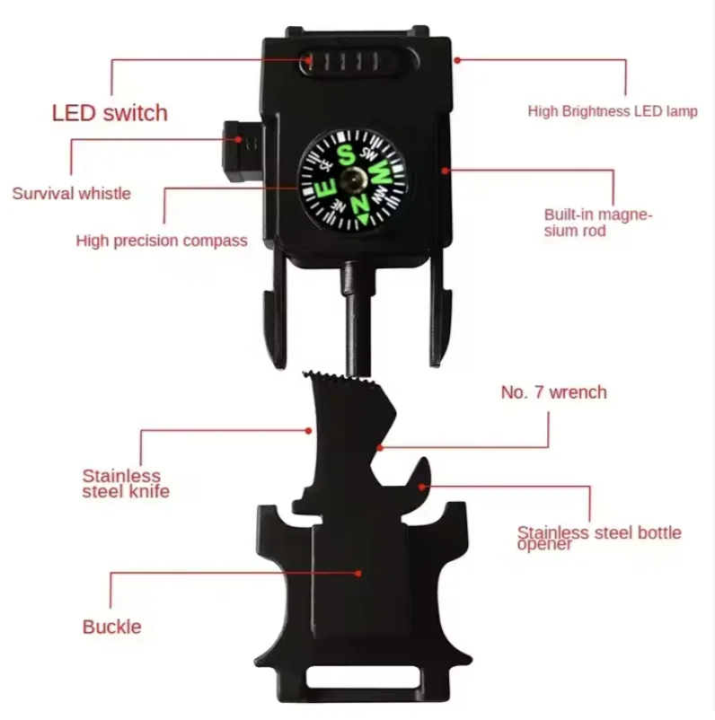 5-in-1 Outdoor Camping Hiking function Survival Paracord 550 Nylon Bracelet with Fire Starter Compass Compass LED light bracelet