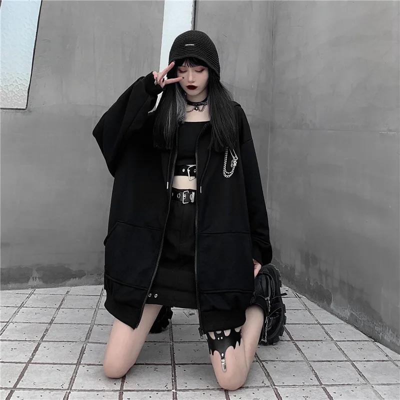 FH453 New Diablo Little Devil Hooded Winter Full Zipper Hoodie Coat Women Loose Black Cardigan Ear Sweatshirt Jacket Female