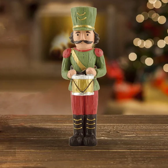 Factory Handmade Resin Christmas Crafts Nutcracker Figurine w Green Hat & Drum for Home Decor