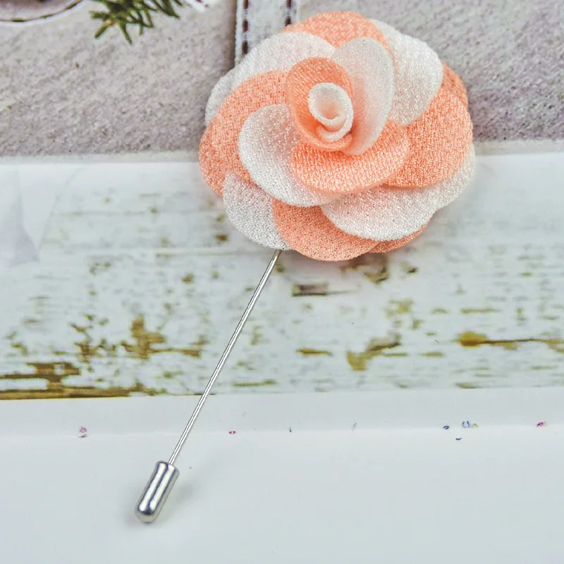Wholesale Price Satin Flower Brooch Pink and Blue Flower Lapel Pin Custom Fancy Wedding Boutonniere camellia flower brooch