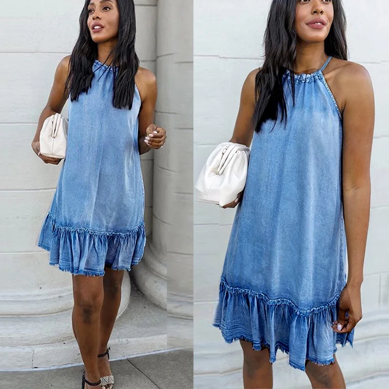 New Oem Fashion Loose Ladies Jeans Women Halter Ruffles Dresses Denim Dress