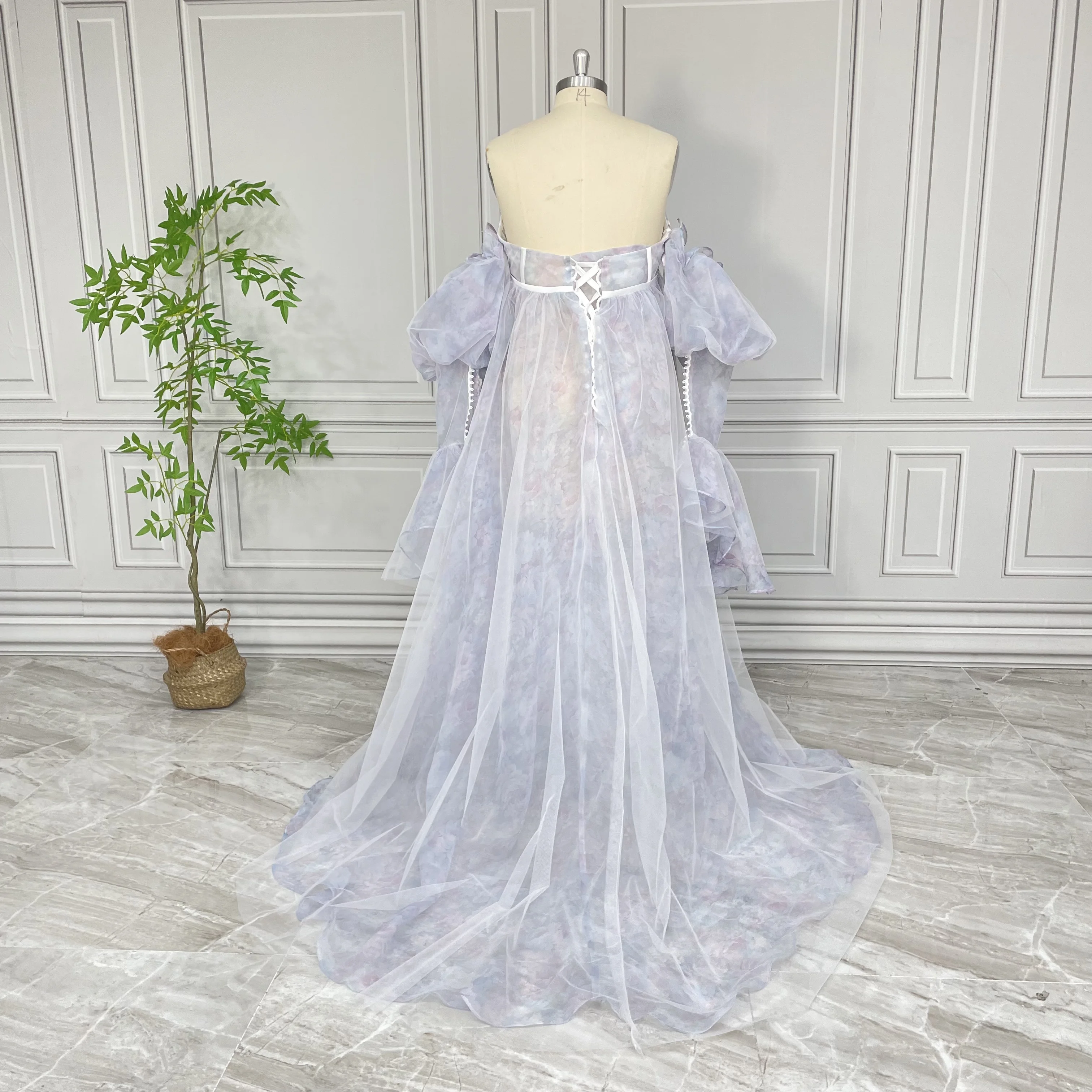 100% Real Photos High Quality Flowers Print Organza Maternity Photo Shoot Dress For Baby Shower Pregnant Women Gown 2024