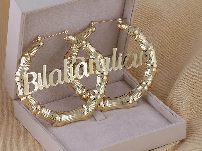  14 K Gold Plated Customized Alloy Metal Geometric Hoop Hip Hop Bamboo Knots Letters Earrings For