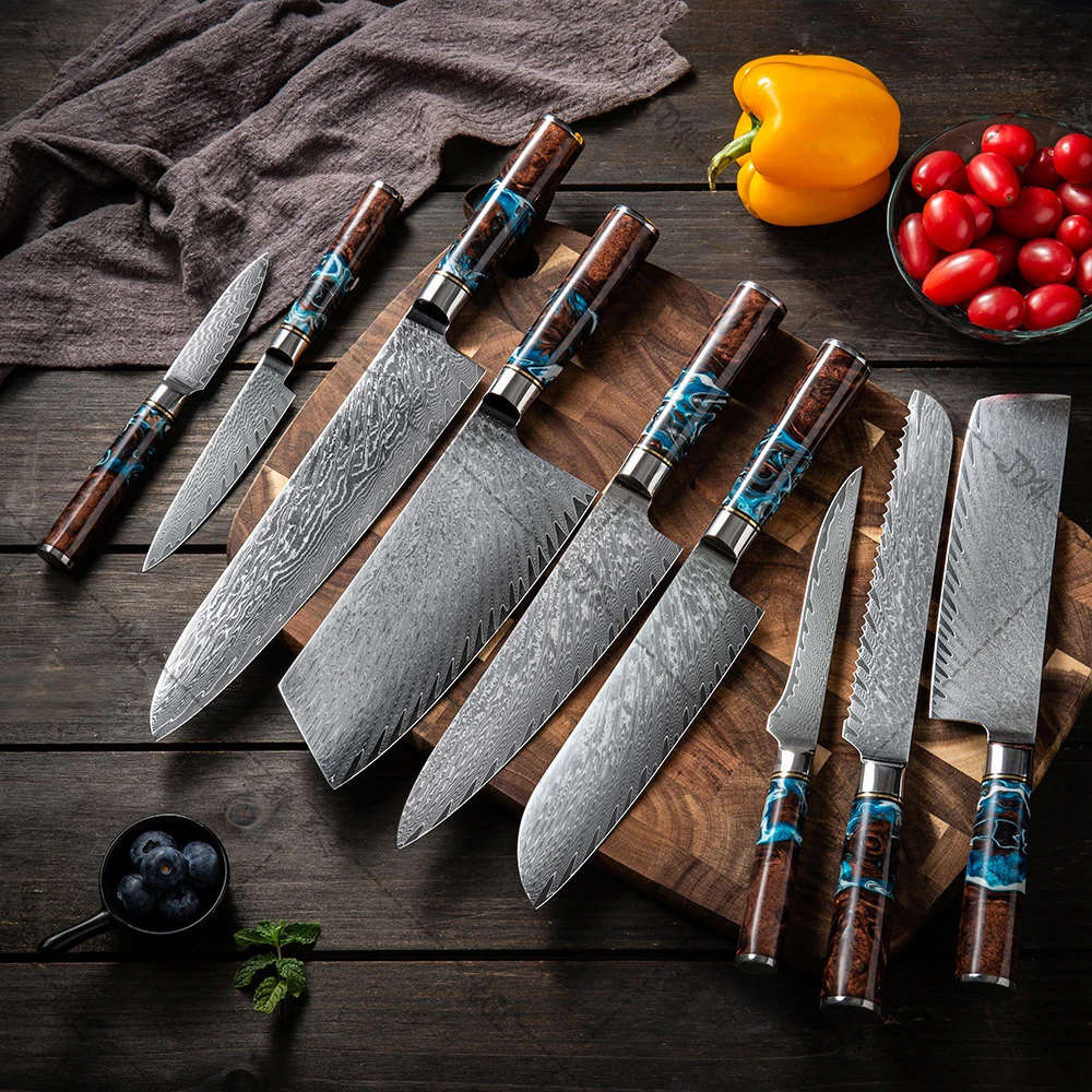 9 Pcs Damascus Kitchen Knife Set 67 Layers Damascus Steel Kitchen Knives with Resin Handle Brown