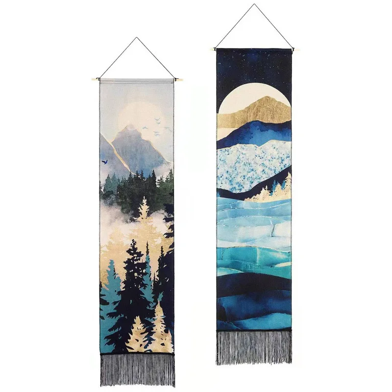 2 pcs River Mountain Nature Landscape Sunset Tapestries Moon Stars Night Starry Sky Long Tapestry Wall Hanging for Home Decor