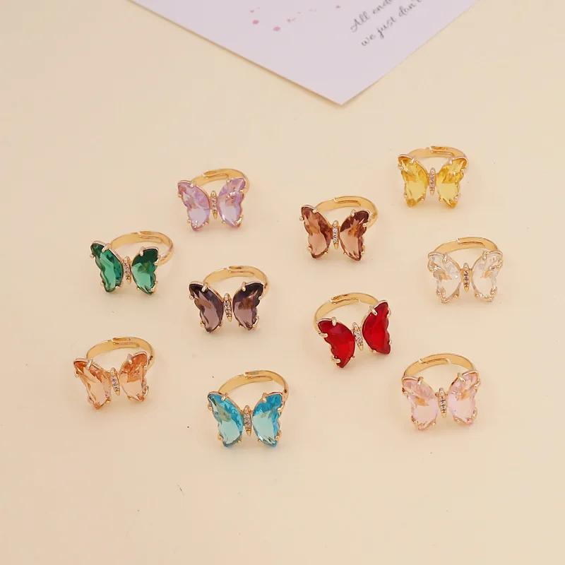 Brass Delicate Colorful Crystal Open Butterfly Rings Simple Banquet Wedding Finger Rings For Women Gift