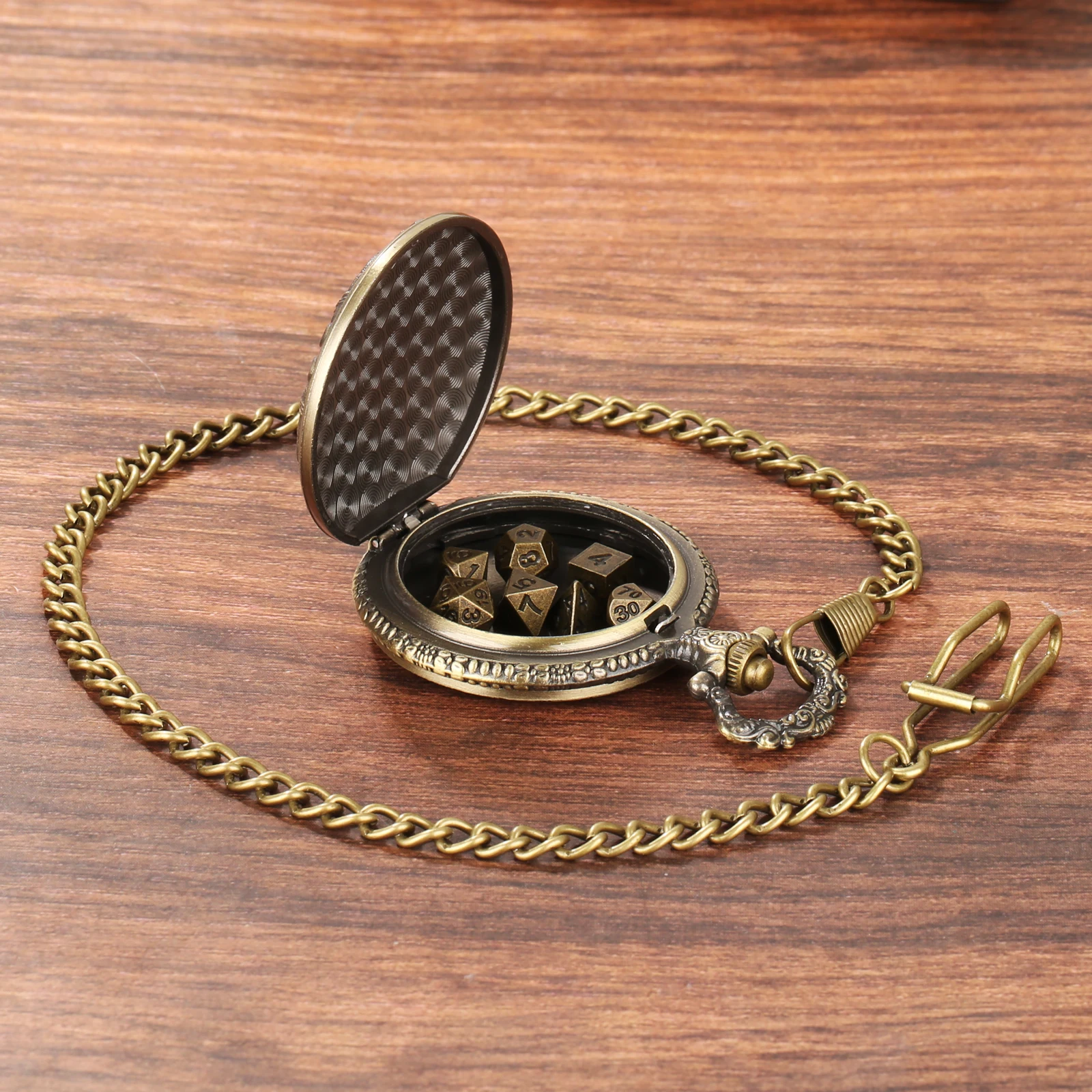 Dnd Dungeons & Dragons Mini Board Game Cosplay Dice Metal Dice Set Dnd With Wolf Design Bronze Pocket Watch Case