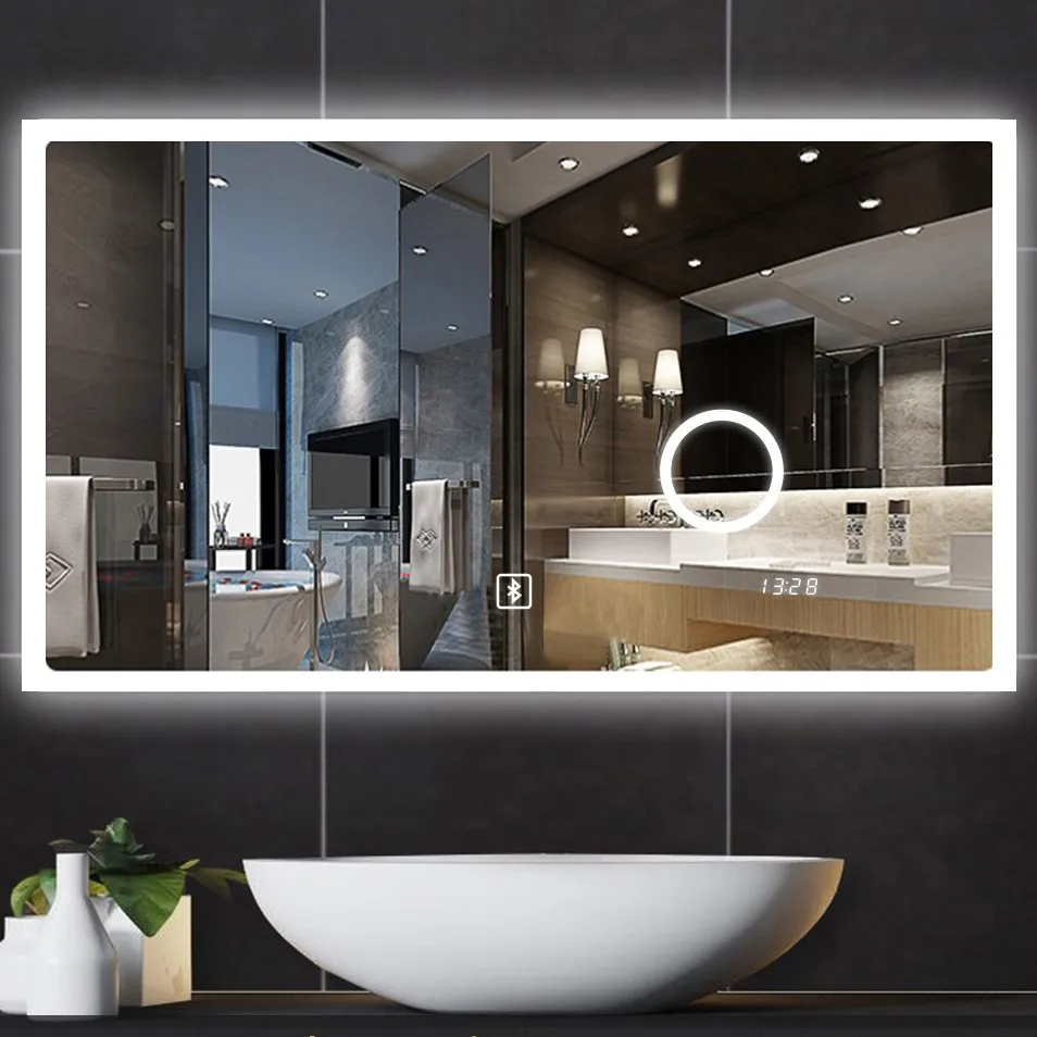 Accept custom front lighted led bathroom mirror magnifying with clock and bluetooth speaker rectangle 48 inch 32 inch