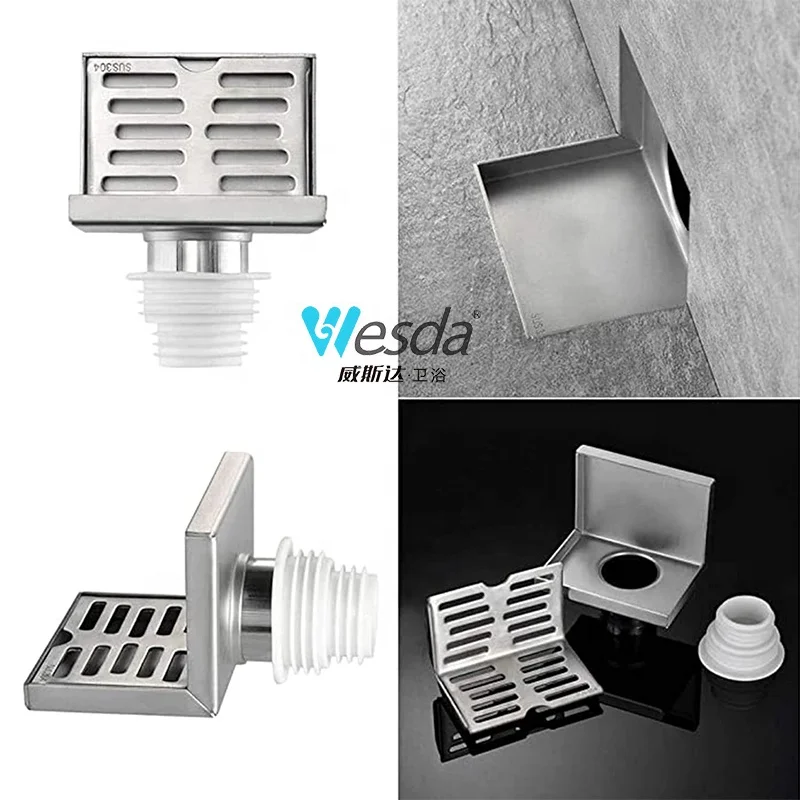 WESDA Balcony Horizontal Drainage L Shaped Anti Rust Shower Floor Drain Stainless Steel Corner Side Wall Drain