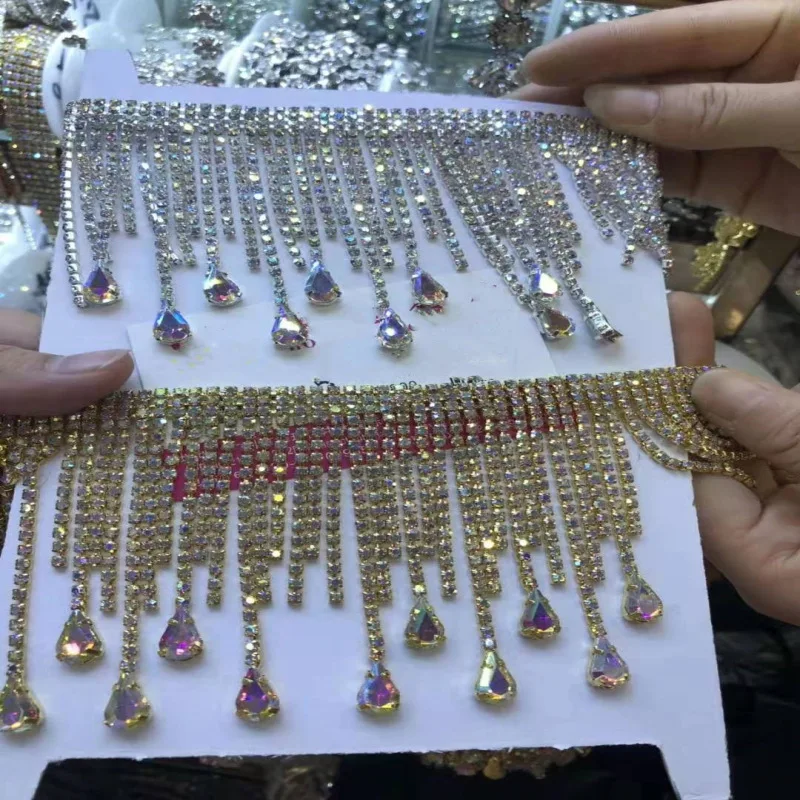 JFRT028 OEM Customized Welding Claw Crafts Crystal Rhinestone Fringe Trim Silver Long Tassel Garment Accessories