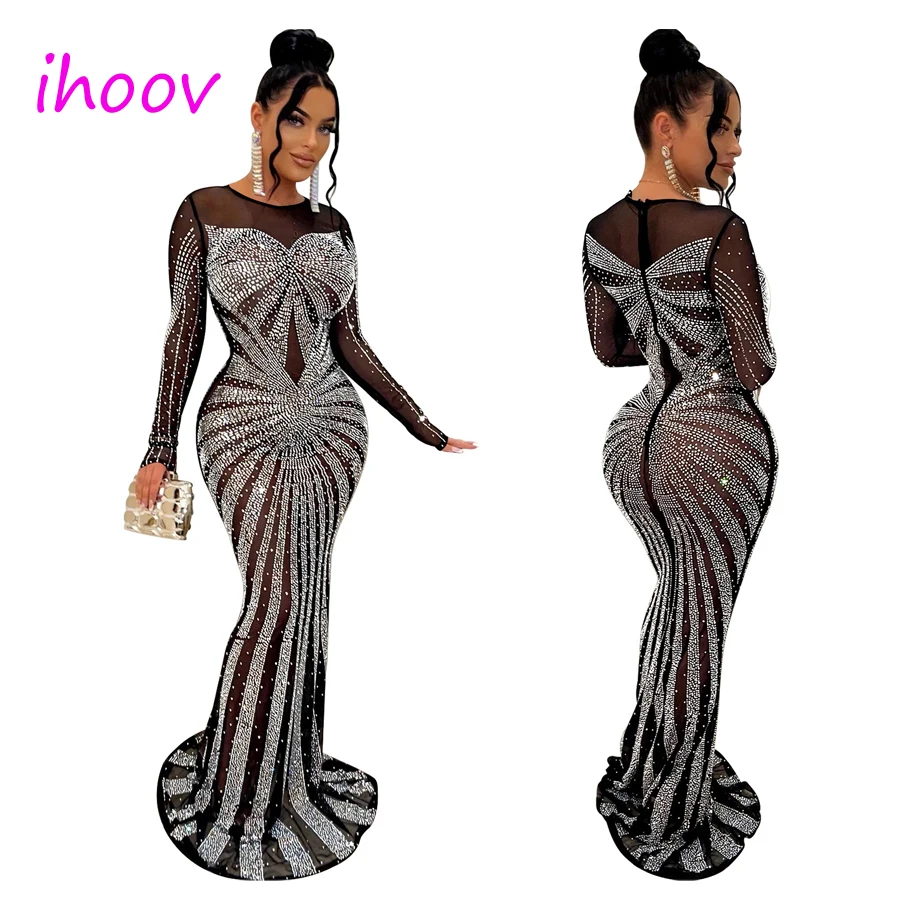 IHOOV Sheer Mesh crystal luxury maxi wedding rhinestone bridesmaid dresses women lady elegant
