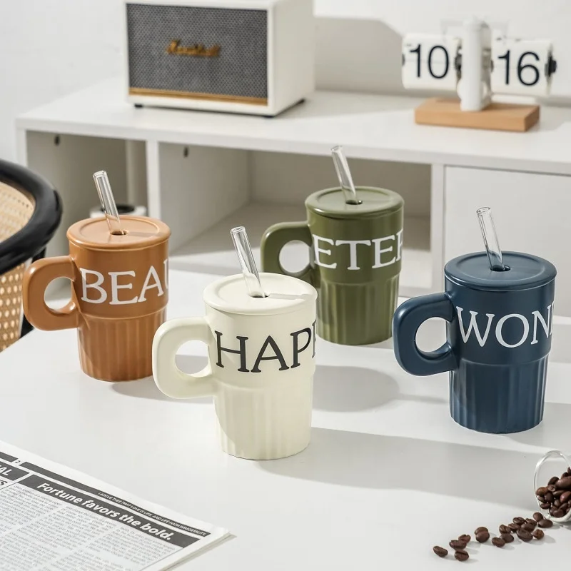 Simple style high appearance level couple large capacity ceramic cup vertical engraved lettering with cover mug