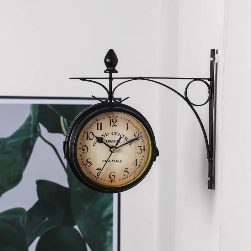 Wall clock, European style clock, iron art wall clock, retro decoration, double-sided hanging clock