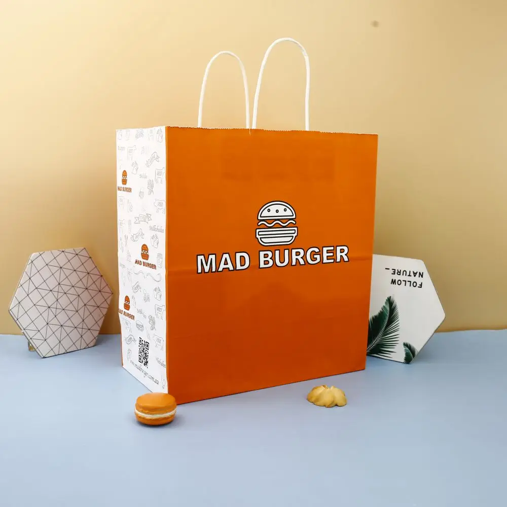 Restaurant Takeaway Custom Shopping Flat Twisted Handles Brown White Pink Black Custom Kraft Paper Bags with Your Own Logo
