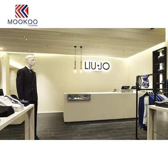 Boutique Equipment Wall Mounted Clothes Hanger Rack Display Shelves For Men Clothing Modern Menswear Store Interior Design