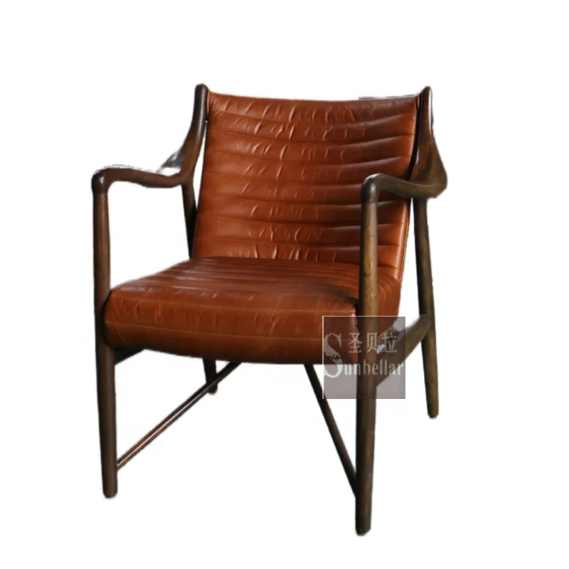 customization retro vintage brown genuine leather club chair wooden arm chair tan top grain leather classic home furniture