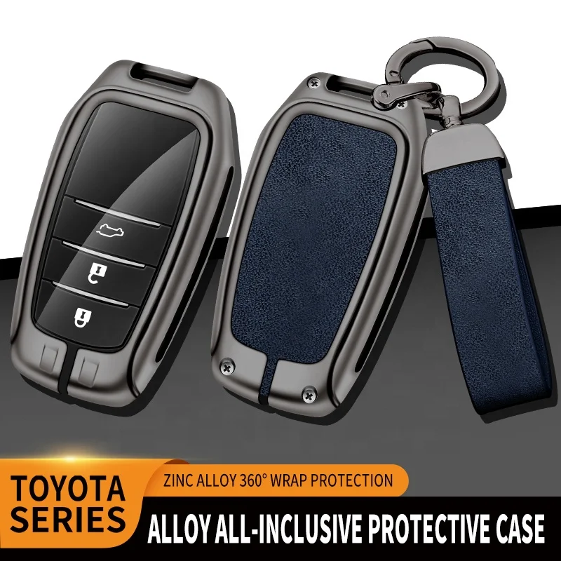 Aluminum zinc alloy cover+leather car brand logo key chain car remote fob key case fit for Toyota Highlander RAV4