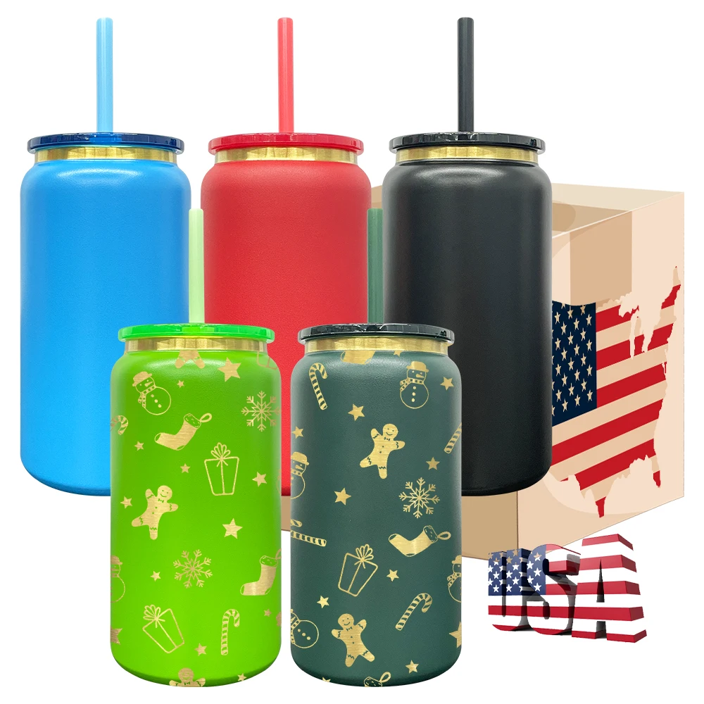 USA Warehouse Free Shipping Colorful Insulated Matt Macaron Blank Sublimation Stainless Steel 16oz Soda Can with Handle